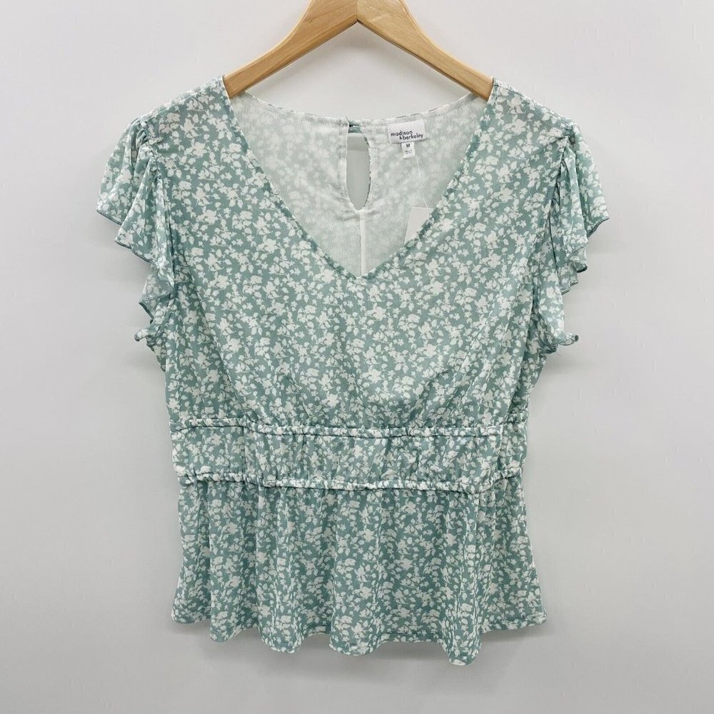 Madison & Berkeley Womens Medium Short Sleeve Mesh Floral Print Blouse Green 791